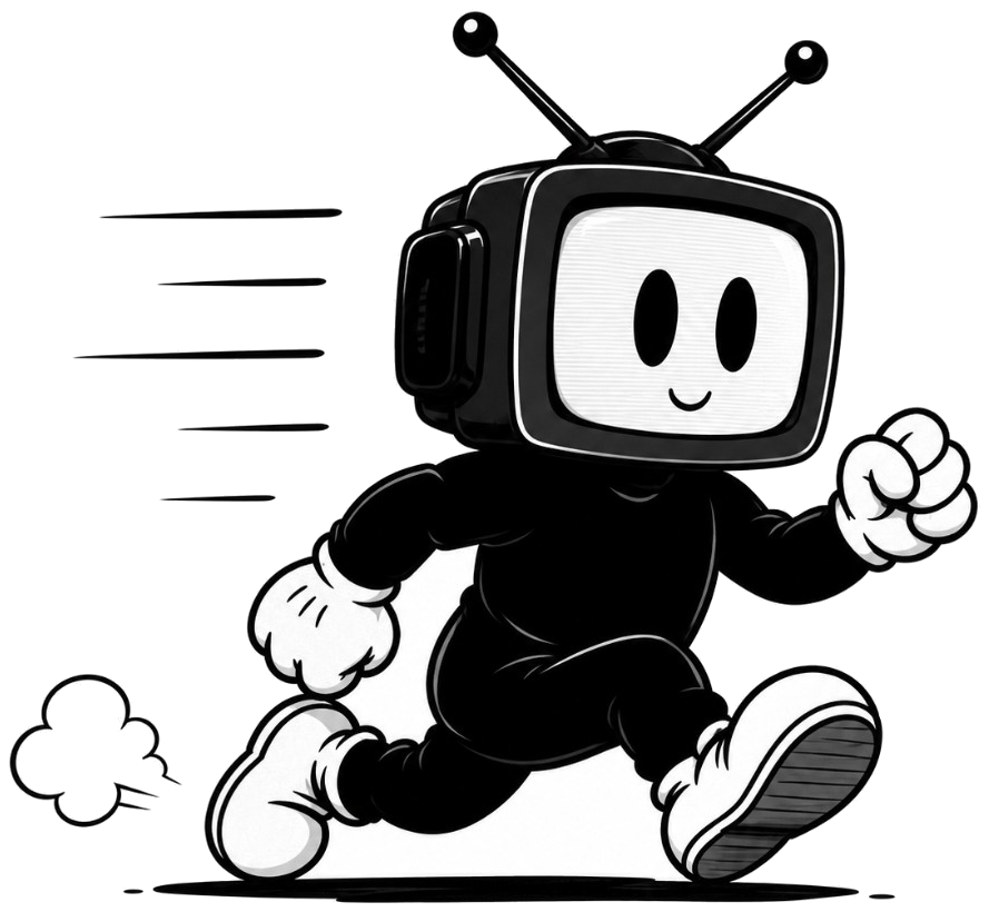 Cartoon figure with a vintage television for a head, running through static