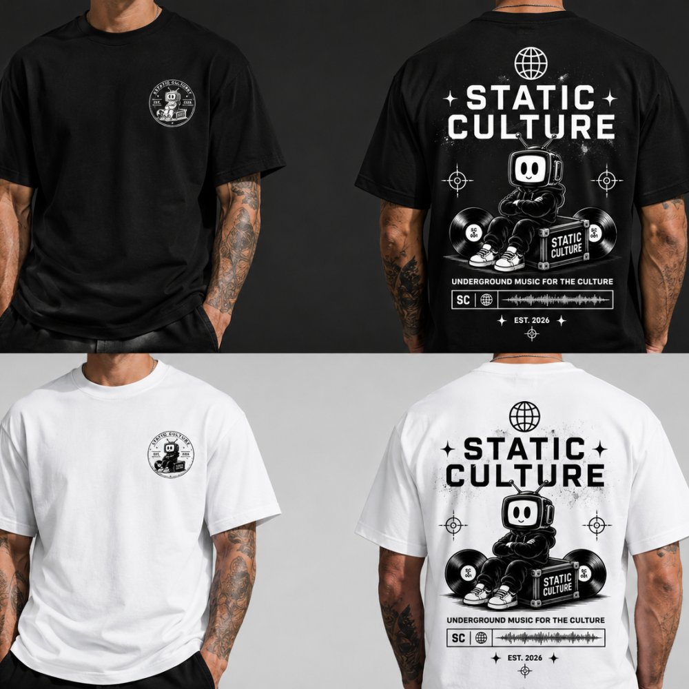 Static Culture T-shirt in black and white, front and back